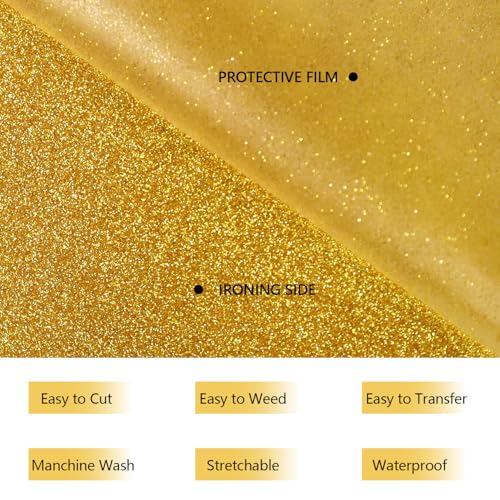 Image of HTVVETUR Glitter HTV Vinyl Rolls Heat Transfer Vinyl - 12 inch x 9ft Gold Glitter HTV Vinyl for Shirts, Iron on Vinyl for Cameo - Easy to Cut & Weed for Heat Vinyl Design (Glitter Light Gold-9ft)