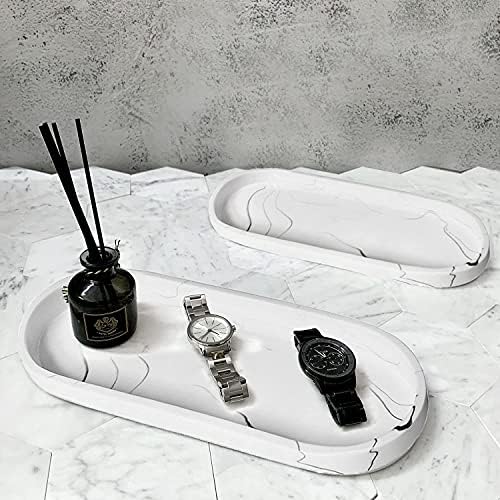 BIKHYY Bathroom Vanity Tray 2 Pack Resin Dresser Jewelry Ring Dish Tank Cosmetic Organizer Plate Holder for Perfume Candles Towel Soap Small Plant (2 Pack Oval Marble White)