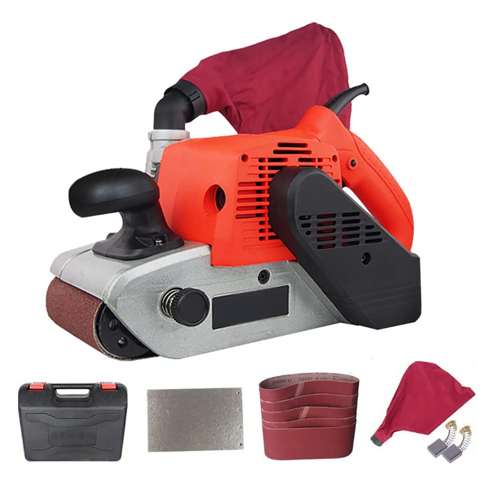 Lijadora de banda de grado industrial de 1380 W, lijadora de 4 pulgadas con bolsa de polvo y 5 correas, pulidora portátil pequeña para pulir