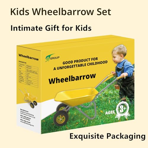 Image of Kids Gardening Tool Set Wheelbarrow 2 Wheel Metal Wheelbarrow Toys (Yellow) | Children Toddler Wheelbarrow Birthday Gift for Kid Wheel Barrow All Seasons Digging Weed,Sand,Sweeping Leaves,Snow