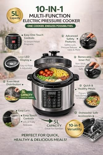 Image of Electric Pressure Cooker 6L (5.5 L), 10-in-1 Multi Function Smart Cooker with Digital Touch Panel, Stainless Steel Body, 1000W | Rice, Dal, Curry, Soup, Slow Cook | Safe & Energy Efficient