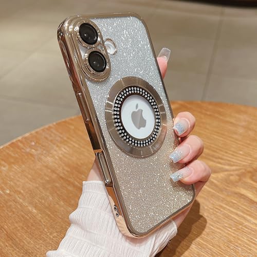 Image of Misscase for iPhone 16 Plus Magnetic Glitter Case Compatible with MagSafe,Full Protection Slim Shockproof Anti-Scratch Case with Camera Lens Protector Logo View Dust-Proof Net for Women Gold
