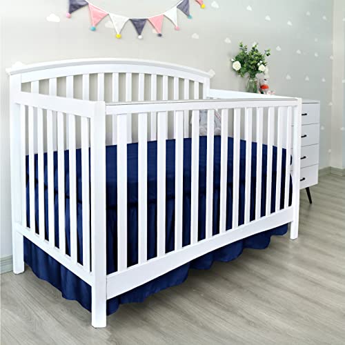 Image of Crib Bed Skirt 14 inch Drop, Fits 28 inchx52 inch Crib, Adjustable, Navy | 4-Sided Design, Adjustable Elastic Straps, Soft Polyester, Fade & Shrink Resistant, Machine Washable, Fits Standard Cribs