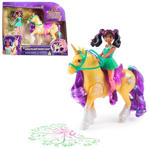 Unicorn Academy Conjunto de folhas mágicas de Ava e plantas com crinas e cauda reais e função de luz mágica, figuras originais de aprox. 12 cm de tamanho da popular série Netflix, para crianças a