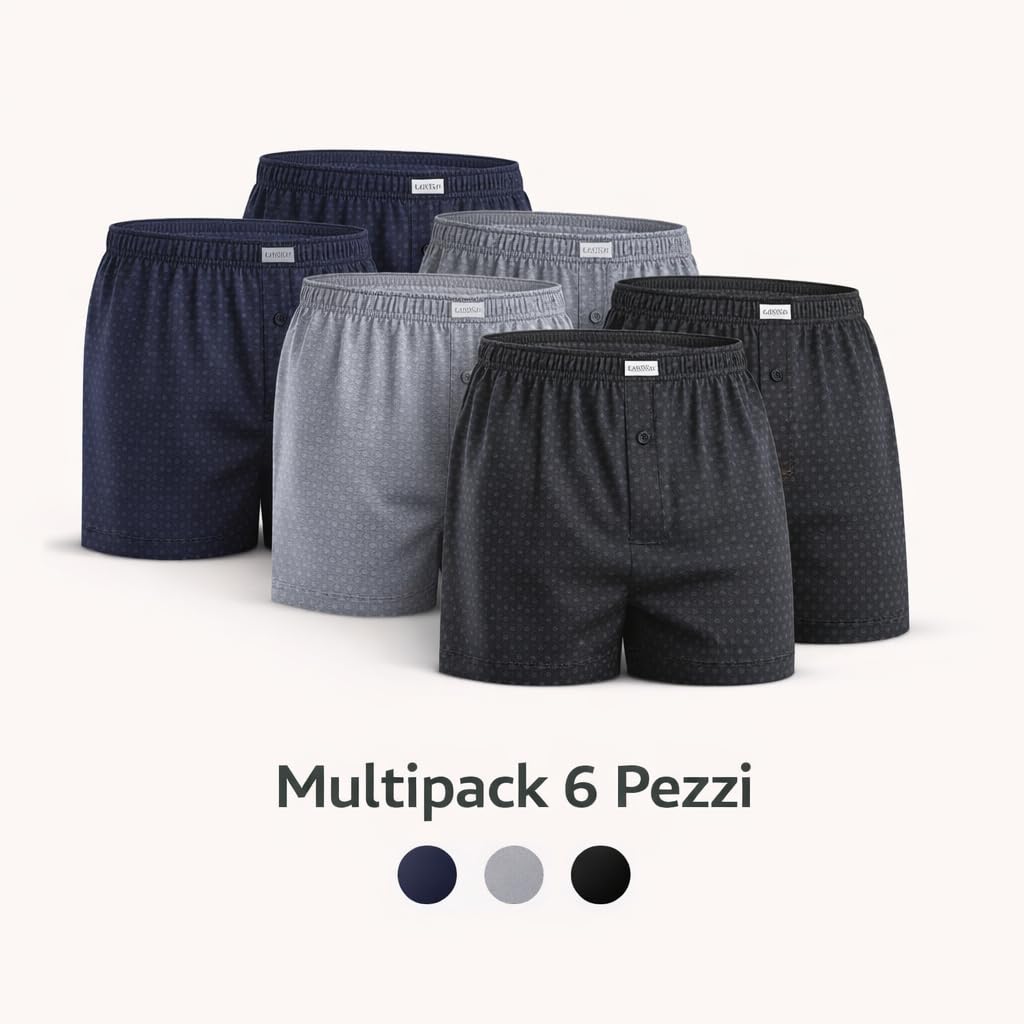 Leedya Set 6 Pezzi Boxer Uomo in Puro Cotone 100% - Vita Elastica Confortevole, Americani Chiusura Frontale a Bottoni - Intimo Uomo Traspirante e Morbido per Uso Quotidiano