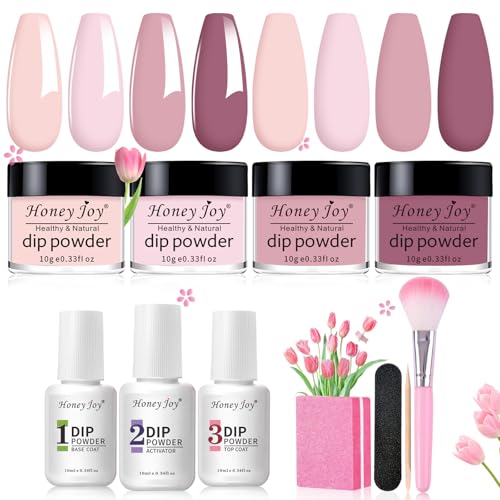 Honey Joy Dip Powder Nail Kit Starter, 4 Colors Light Pink Nude Skin Tone Dipping Powder Liquid Set with Base Top Coat Activator for Nail Art Manicure Salon DIY No LED Nail Lamp Needed, Dip-
