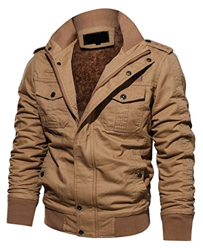 Lavnis Men's Winter Military Jacket Casual Fleece Coat Stand Collar Cotton Cargo Bomber Jacket Kahki XL