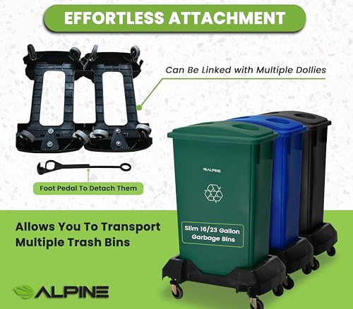 Alpine 16/23 Gallon Slim Trash Can Dolly - 4-Wheel Rectangular Plastic Rolling Garbage Can Cart, Holds Up to 200lbs (Black) by Alpine - Image 5
