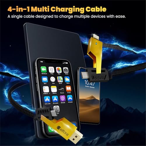 Image of Elfora 4 in 1 Braided Fast Charging Cable 65W | Quad 1.5m Rugged Design Multiport | Type C to USB A | Compatible for iPhones, iPads, Tablets, MacBooks and Android Devices -Black