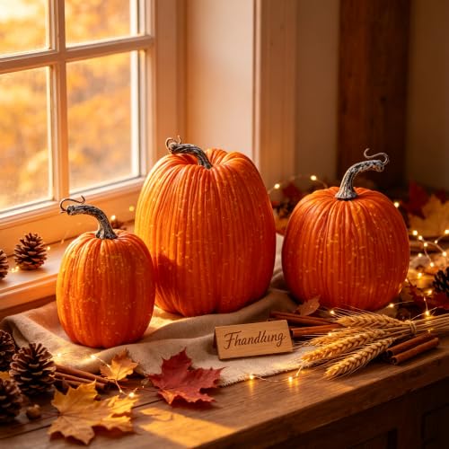 Image of winemana Artificial Pumpkins Fall Decor Orange Foam Pumpkin, 3 Pack | Assorted Sizes for Thanksgiving Table Centerpiece, Indoor Home Mantel Porch Autumn Harvest Decorations