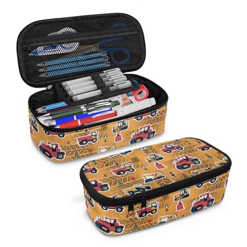 Image of Construction Vehicle Print Pencil Pouch for Boys 6-8 Kids Pencil Bag Portable Large Pen Bags with Mesh Pockets for Back to School Gifts