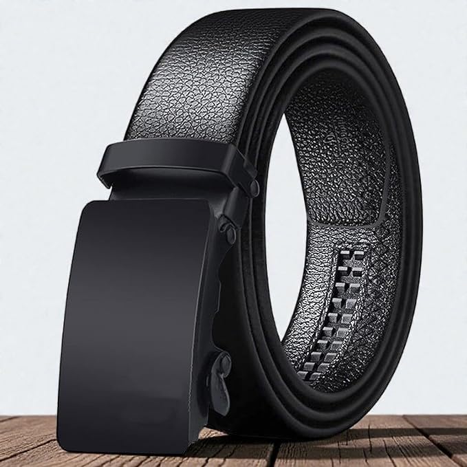 Image of Men's Automatic Buckle Leather Belt with Adjustable Ratchet System, Premium Formal and Casual Waist Belt for Jeans, Trousers and Office Wear