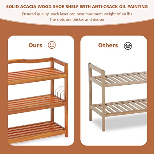 Giantex 2-Tier Shoe Rack, Acacia Wood Shoe Shelf With 4 Side Metal Hooks, Holds Up 8-12 Pairs, Shoe Organizer, Shoe Storage, Wooden Shoe Rack For Entryway #TOP5
