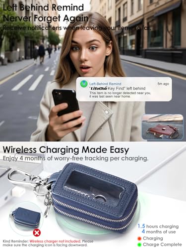 Image of Keychain, Works with Apple Find My, Key Finder Built-in Anti-Loss Tracker, Leather Car Fob Key Holder, Double-Layer Car Key Chains with Global Locator Tracking, Rechargeable (Navy Blue)
