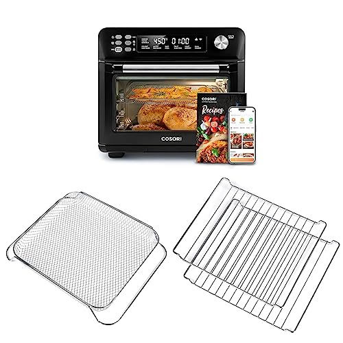 This is a picture of a product for sale called COSORI Toaster Oven Air Fryer Combo,  12-in-1,  26QT Convection Oven Countertop & COSORI Fryer Basket for Cook and Air Fry & COSORI 2 Pcs Oven Rack for Cook & Bake,  Non-stick coating,  Carbon-Steel