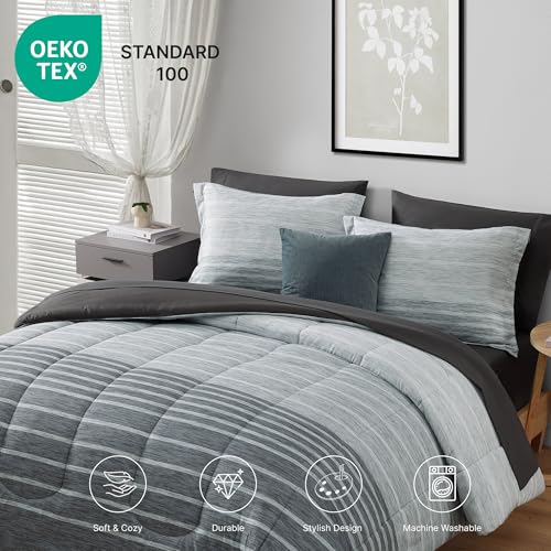 Image of Monbix Twin XL Comforter Set - Extra Long 5 Pieces Dorm Bedding Sets, Grey-Stripe Bedding Sets, All Seasons Comforter Bed Set with Sheets, Pillowcase & Sham