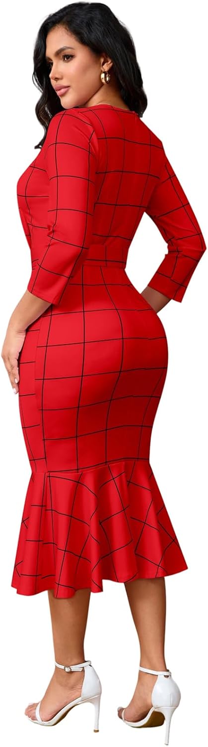 ZonJie Women Work Business Plaid Dress Casual Button Long Sleeve MIdi Dress Classy Bodycon Wedding Guest Dresses - Image 6