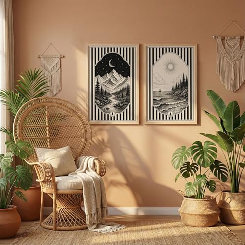 Image of NoWorries Framed Black and White Wall Art Set of 2, Vintage Mountain Moon and Coastal Ocean Landscape Prints, Boho Nature Decor, Scandinavian Minimalist Artwork for Bedroom, Hallway and Office (Art-17, 10x13inch)