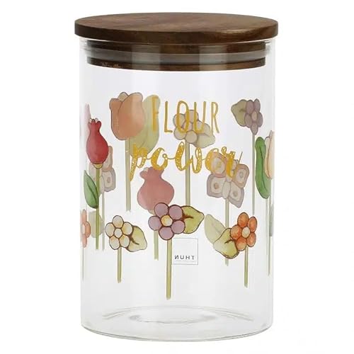 THUN, Barattolo per Farina in Vetro Decorato con Motivi Floreali e Tappo in Legno d’Acacia, Linea Happy Country, Ø 10 cm, 15 cm h, 900 ml