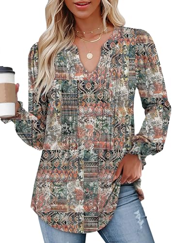 BETTE BOUTIK Long Sleeve Shirts for Women Fall Tops Dressy Blouses Pleated V Neck Tunic Tops for Leggings S-3XL