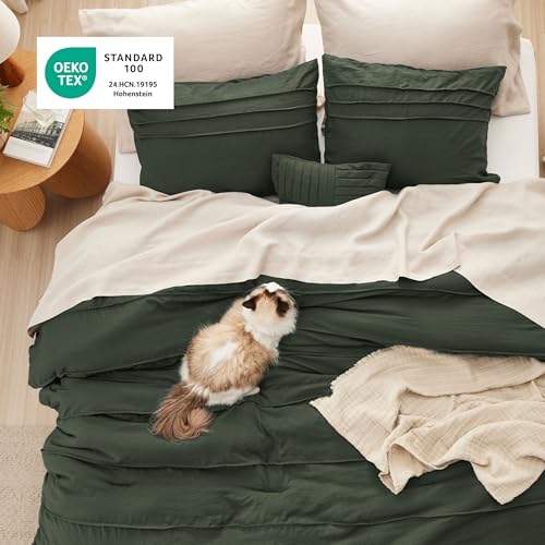 Image of Bedsure Olive Green Oversized Queen Comforter Set - 4 Pieces Pinch Pleat Bed Set, Down Alternative Bedding Sets for All Season, 1 Comforter, 2 Pillowcases, 1 Decorative Pillow