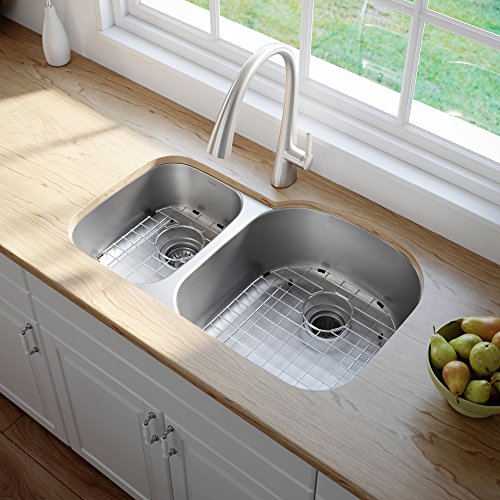 Image of KRAUS Premier 32-inch 16 Gauge Undermount 60 /40 Double Bowl Stainless Steel Kitchen Sink, KBU25