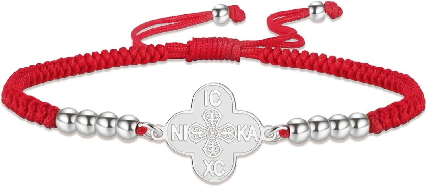 Eouyt Orthodox Cross Bracelet IC XC NIKA with Four Leaf Clover Design, Stainless Steel Adjustable Handmade String Christian Jesus Religious Faith Gift Jewellery, Silver-Red String