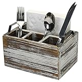 MyGift 4-Compartment Rustic Torched Wood Utensil and Napkin Dispenser Holder Caddy with Black Metal Handles
