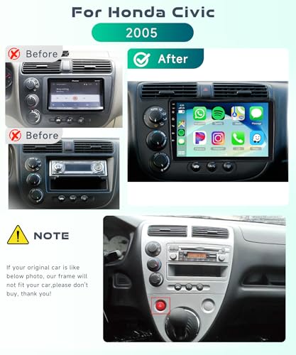 Image of 4G+64G Car Radio Stereo with HiFi Audio for Honda Civic 2001-2005, Wireless CarPlay /Android Auto 9 Inch HD Touch Screen Adroid 13 GPS WiFi Bluetooth FM /RDS EQ HD Backup Camera