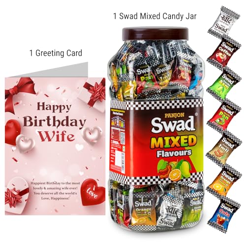 Image of Swad Happy Birthday Wife Gift with Card (Swad Mixed Flavours Candy 200 Jar & 1 Greeting card) 2 units