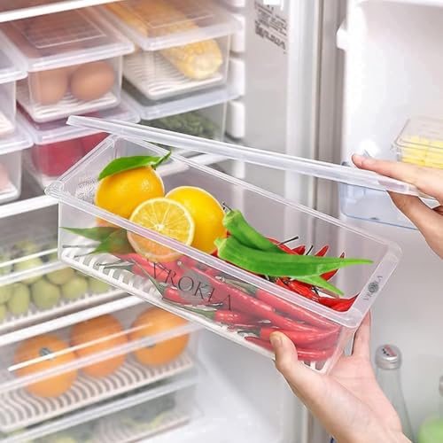 VROKLA 2 Fridge Storage Boxes Fridge Organizer with Removable Drain Plate and Lid Stackable Fridge Storage Containers Plastic Freezer Storage Containers for Fish, Meat, Vegetables, Fruits (1500ML)