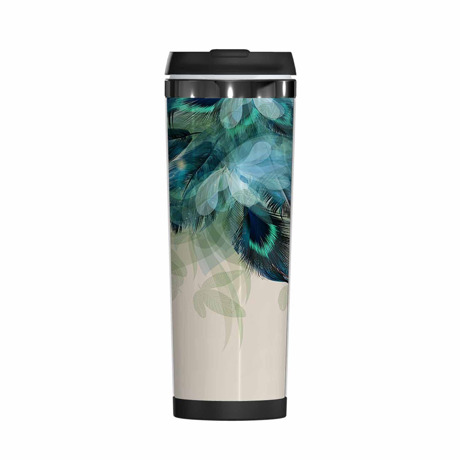 WONDERTIFYFloral Coffee Cup Realistic Peacock Feathers Blue Shiny Foliage Coffee Mug Stainless Steel Bottle Double Walled Thermo Travel Water Metal Canteen