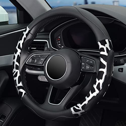 Zhol Cow Print Steering Wheel Cover, Universal 15 Inch Microfiber Leather Steering Wheel Cover For Women Men, Anti-Slip, Black&Silver #TOP2