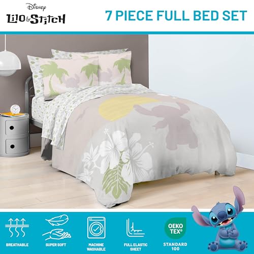 Image of Disney Lilo and Stitch Full Size Comforter Set 7 Piece Bedding, Beige | Bed in a Bag, Comforter Sheets Shams Pillowcases, Official Product, Soft Microfiber, Machine Washable, Girls Gift