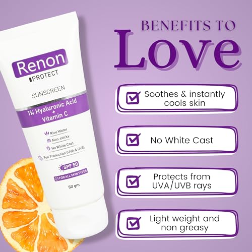 Image of Renon Sunscreen - SPF 50 PA+++ 1% Hyaluronic Aqua Gel Sunscreen|Vitamin C+Rice Water|No white Cast |Non Sticky - 100 gm (Set of 2)