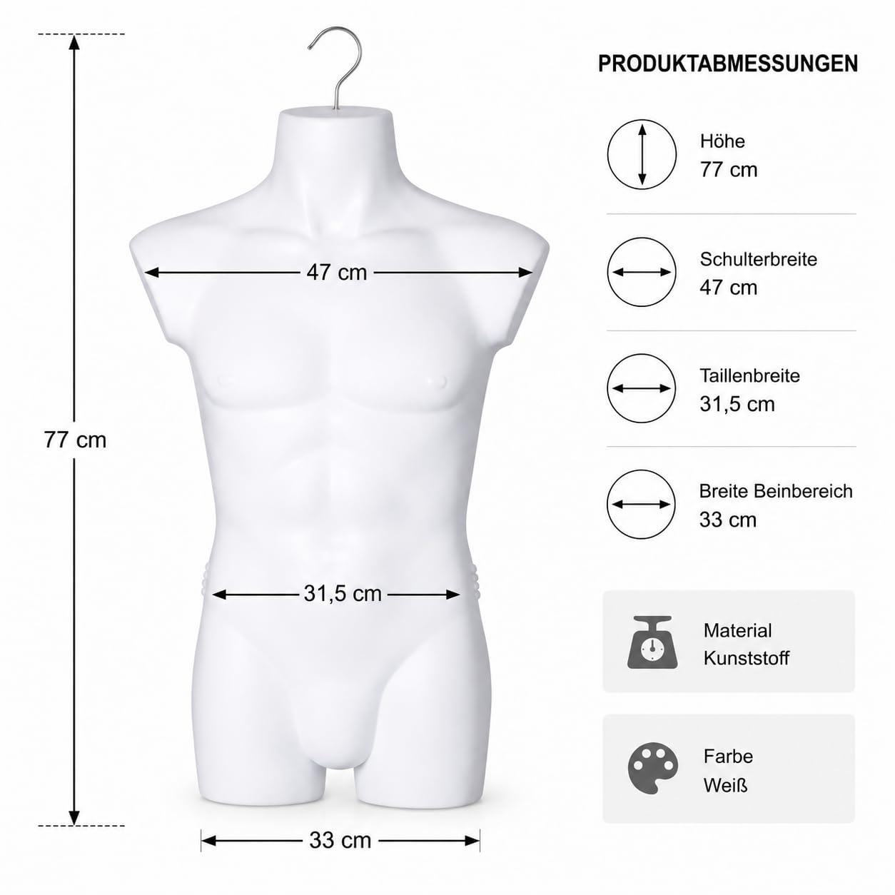 2er Set Torso männlich - Herrentorso lebensecht aus Kunststoff - Oberkörper Halbplastik in Farbe Weiß - Mannequin Büste - Halbschale Herrenbody - Schaufensterpuppe mit Haken - 2 Stück Dekotorso