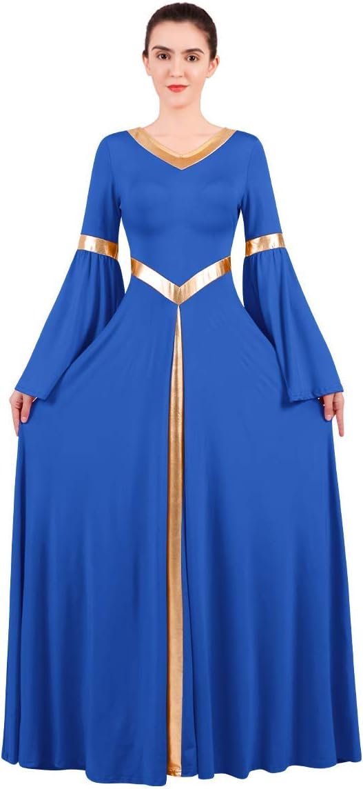 Women Metallic Bell Long Sleeve Praise Dance Dress Loose Fit Full Length Liturgical Lyrical Dancewear Worship Costume - Image 4