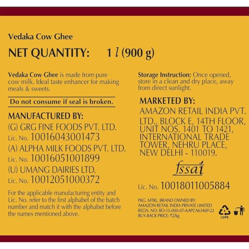 Image of Amazon Brand - Vedaka Cow Ghee | 1 L Jar | Rich Aroma