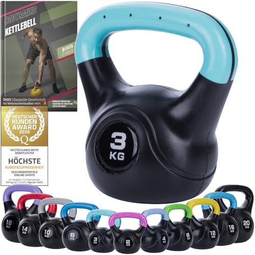 Body & Mind® Kettlebell Kugelhantel 2-20 kg - Workout Gewicht-Hantel für Kraft-Training - Profi Fitness Schwunghantel aus Kunststoff (b - 3 kg)