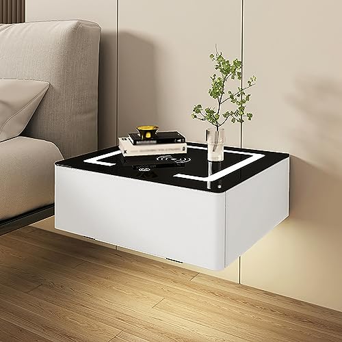 HJYBFA Mesita de Noche Flotante con luz LED Inteligente y cajón, Moderna, para Dormitorio (Gris Claro, 48 cm/18,9 Pulgadas)