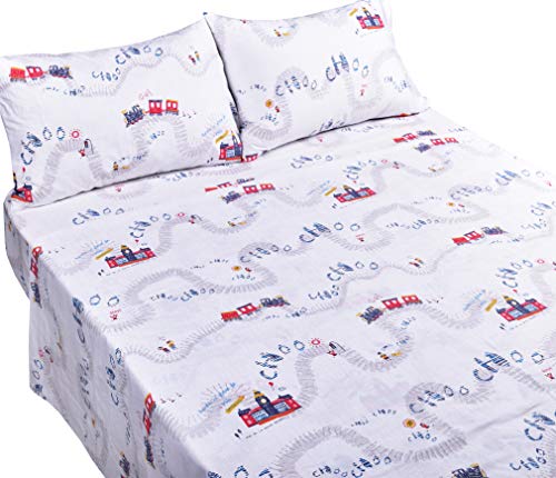 J-Pinno Cute Train Travel Choo Full Sheet Set For Kids Boys,100% Cotton, Flat Sheet + Fitted Sheet + Two Pillowcase Bedding Set (Full, Train) #TOP1