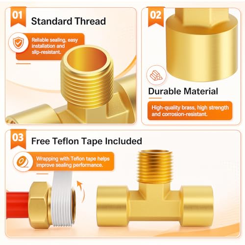 Image of GASHER 2PCS Metals Brass Pipe Fitting Barstock Male Branch Tee T Adapter 1 /4 inch Female x 1 /4 inch NPT Female x 1 /4 inch NPT Male