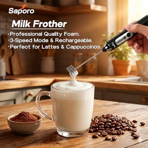 Image of Saporo FrothLite Electric Milk Frother, Rechargeable Handheld Frother with 3 Speed Settings, Stainless Steel Whisk Heads, Stand Design, for Coffee, Cappuccino, Latte, Matcha & Hot /Cold Milk