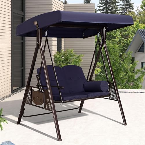 Image of PURPLE LEAF 2-Seat Deluxe Outdoor Patio Porch Swing with Weather Resistant Steel Frame, Adjustable Tilt Canopy, Cushions and Pillow Included, Navy Blue
