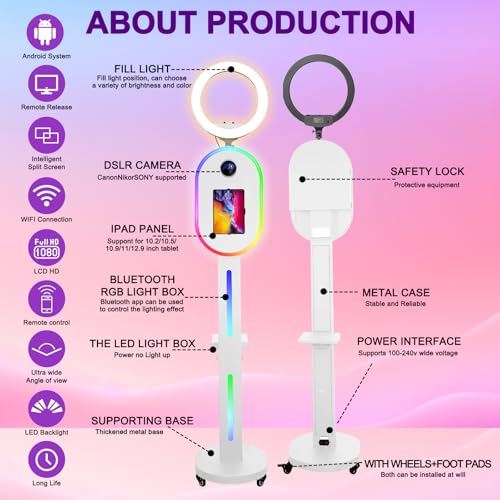 Image of Photo Booth for iPad 10.2 inch 10.9 inch 11 inch 12.9 inch 13 inch for Camera Dualuse Selfie Station Shell Stand APP Control RGB Ring Light Music Sync Light Box Photobooth Machine with Honeycomb Boxes for Rental