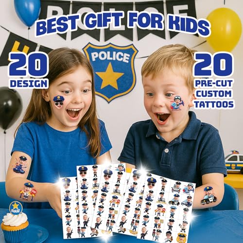 Image of Custom Police Temporary Tattoos for Kids | Personalized Pre-Cut Face Photo, Birthday Party Favors for Boys, Police Lovers, Set of 20