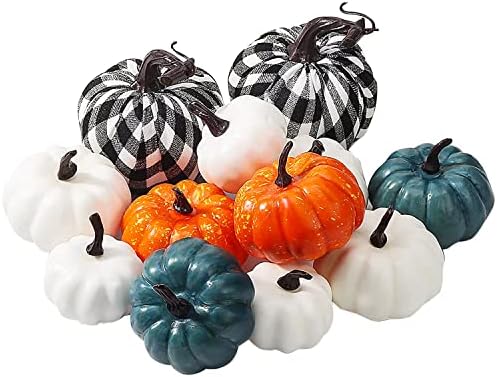 WF WU FANG 12 PCS Pumpkins Decor, Fall Decor White Blue Orange Fall Artificial Rustic Pumpkins Decor, Fall Decor Halloween Thanksgiving Decorating Harvest Embellishing and Displaying