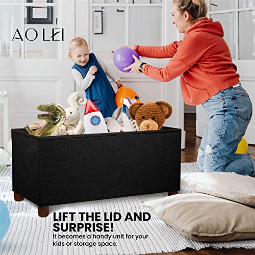 Ao Lei 30 Inches Storage Ottoman Bench, Storage Bench With Wooden Legs For Living Room Ottoman Foot Rest Removeable Lid For Bedroom End Of Bed, Linen Fabric, Folding Black Ottoman #TOP1