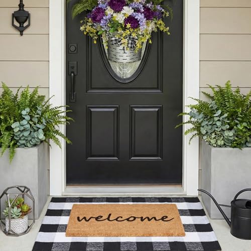 2 Pcs Welcome Doormat Set, Thick Coco Coir Door Mat + Black and White Buffalo Plaid...