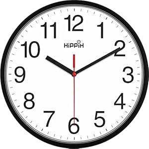 HIPPIH Clock Black Wall Clock Silent Non Ticking Quality Quartz – 10 Inch Round Easy to Read for Home Office & School Decor Clock